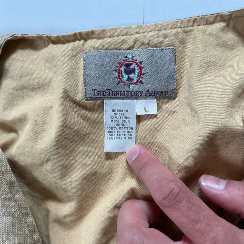 The Territory Ahead Vest Tan Linen Silk Blend Safari Utility Rugged Mens L